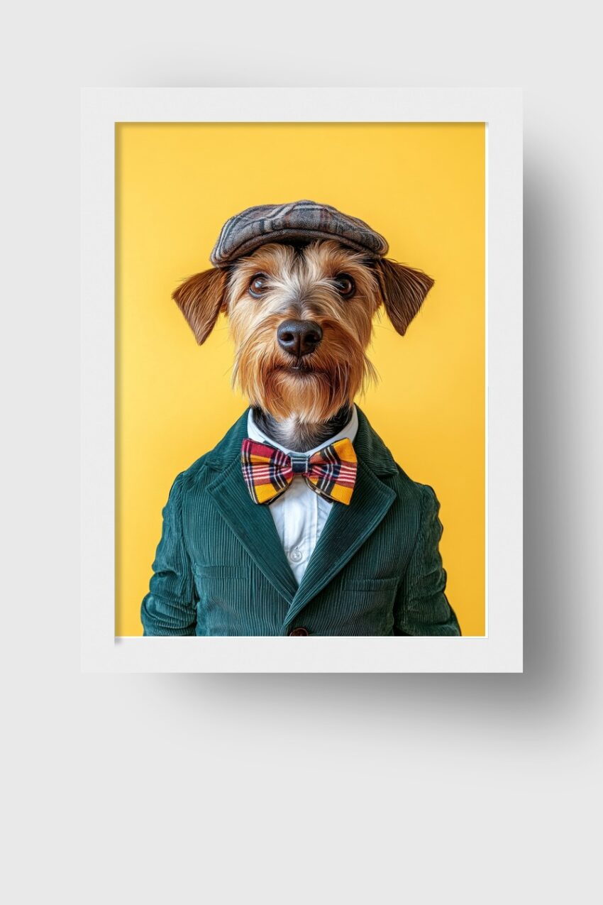 Fotografie Poster Hund Fliege Jackett gelb dominant