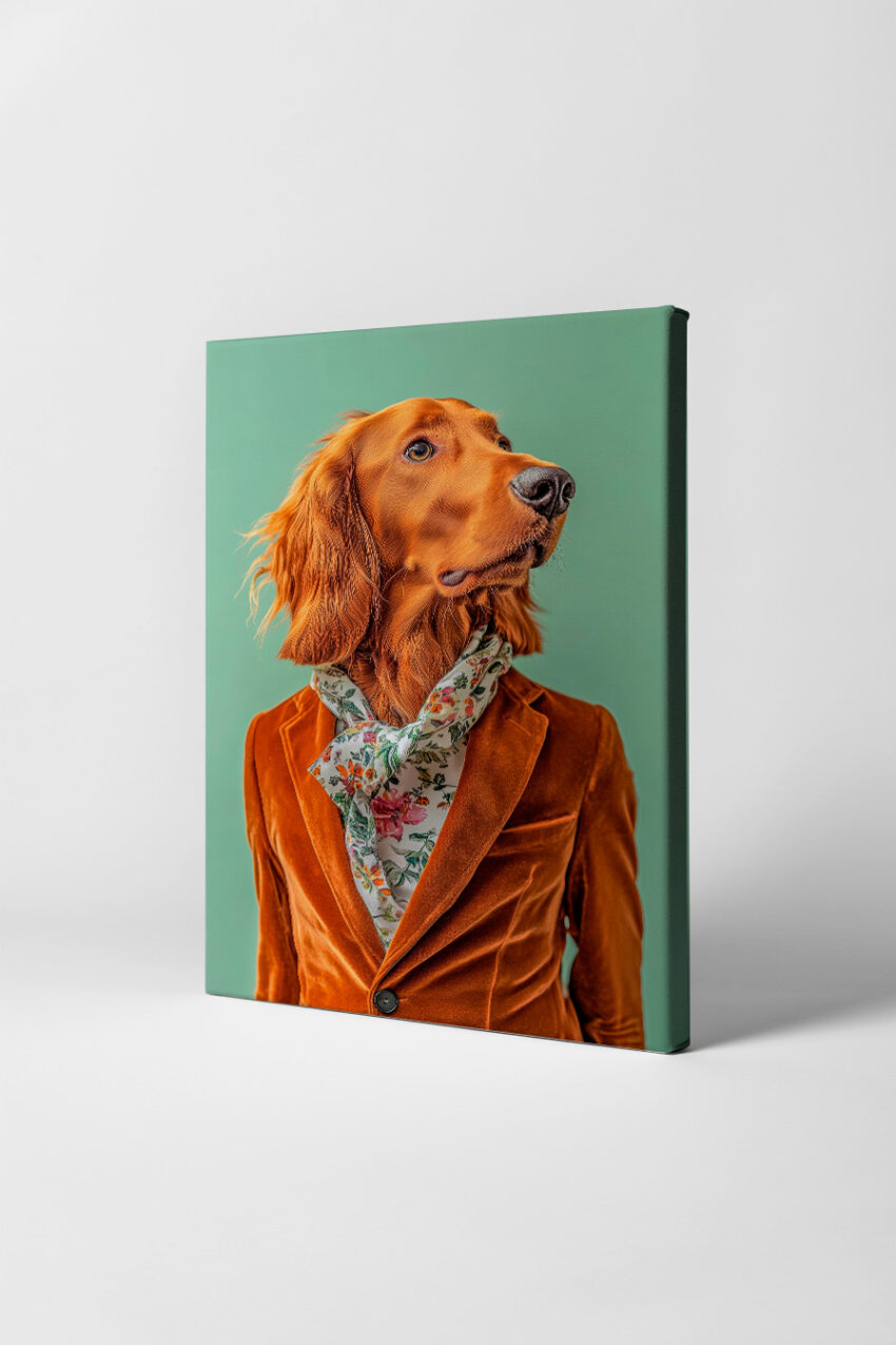 Fotografie Poster Setter Hund floral Schal Samtanzug grün
