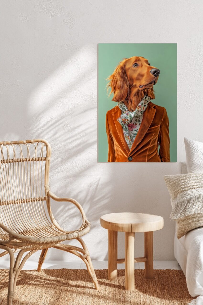 Fotografie Poster Setter Hund floral Schal Samtanzug grün