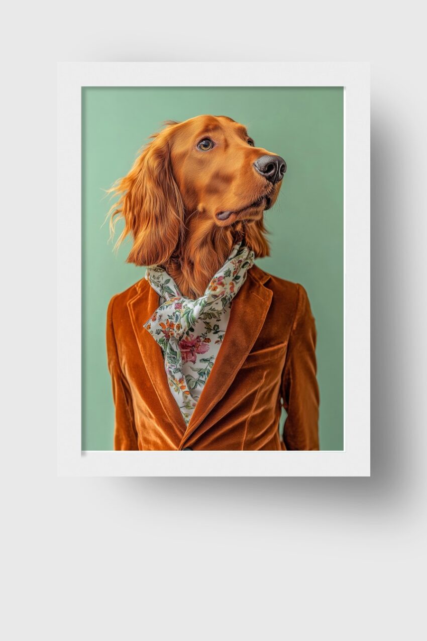 Fotografie Poster Setter Hund floral Schal Samtanzug grün