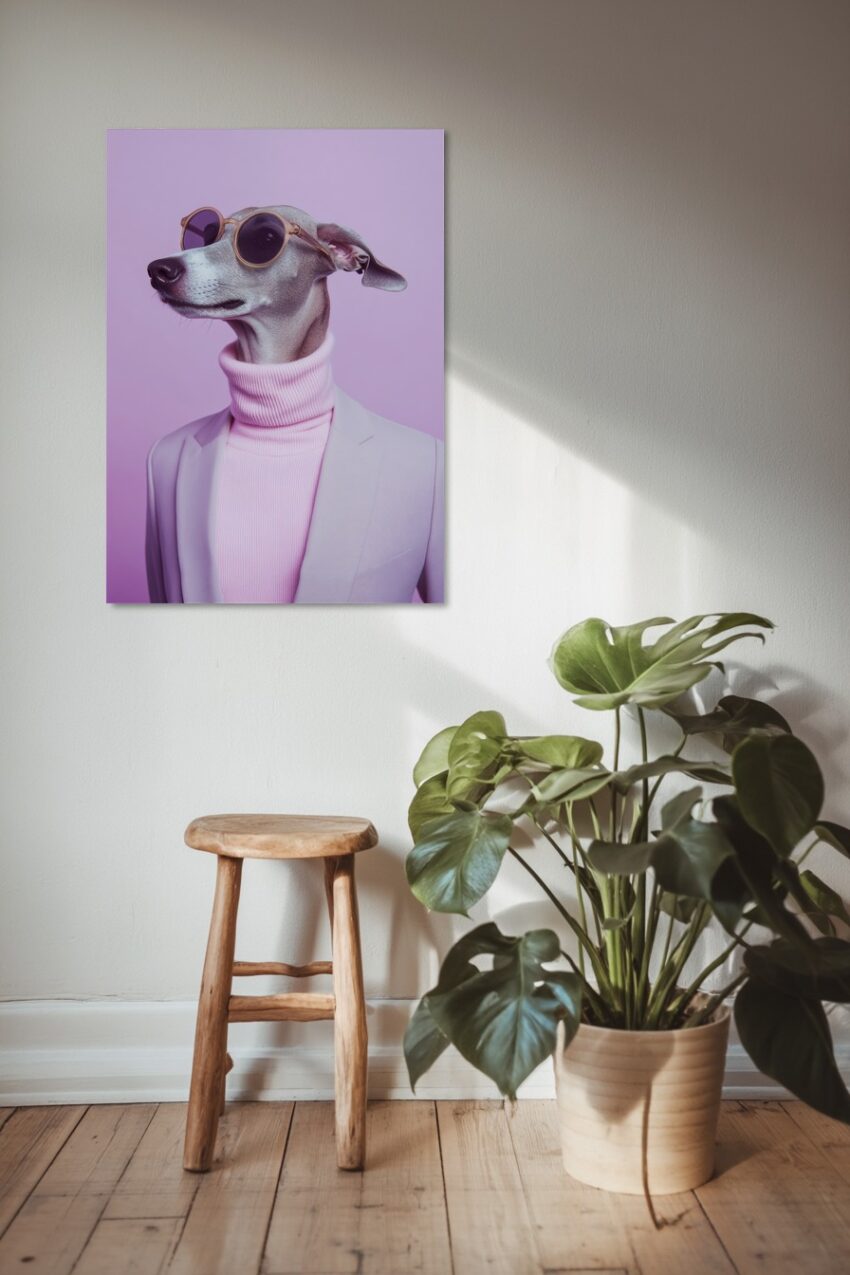 Fotografie Poster Windhund mit Brille rosa minimal