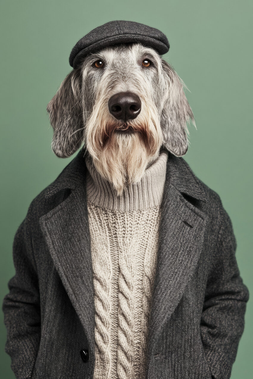 Fotografie Poster Hund mit Mütze und Mantel frontal grau