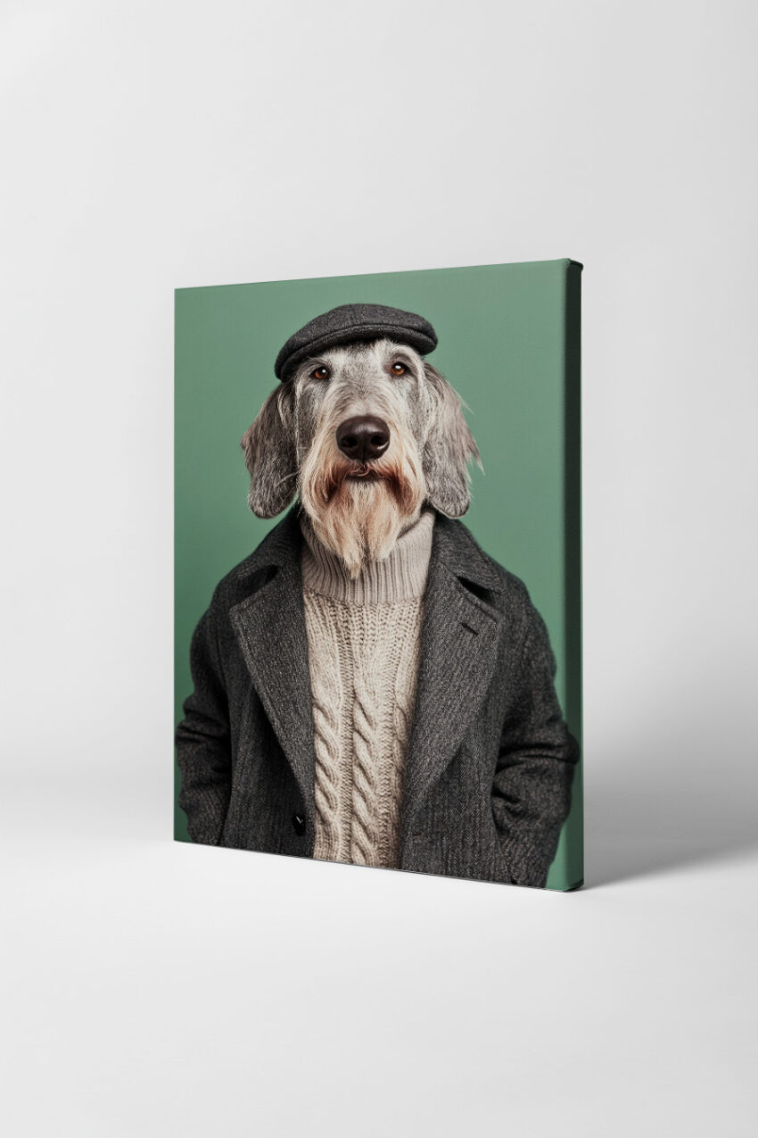 Fotografie Poster Hund mit Mütze und Mantel frontal grau
