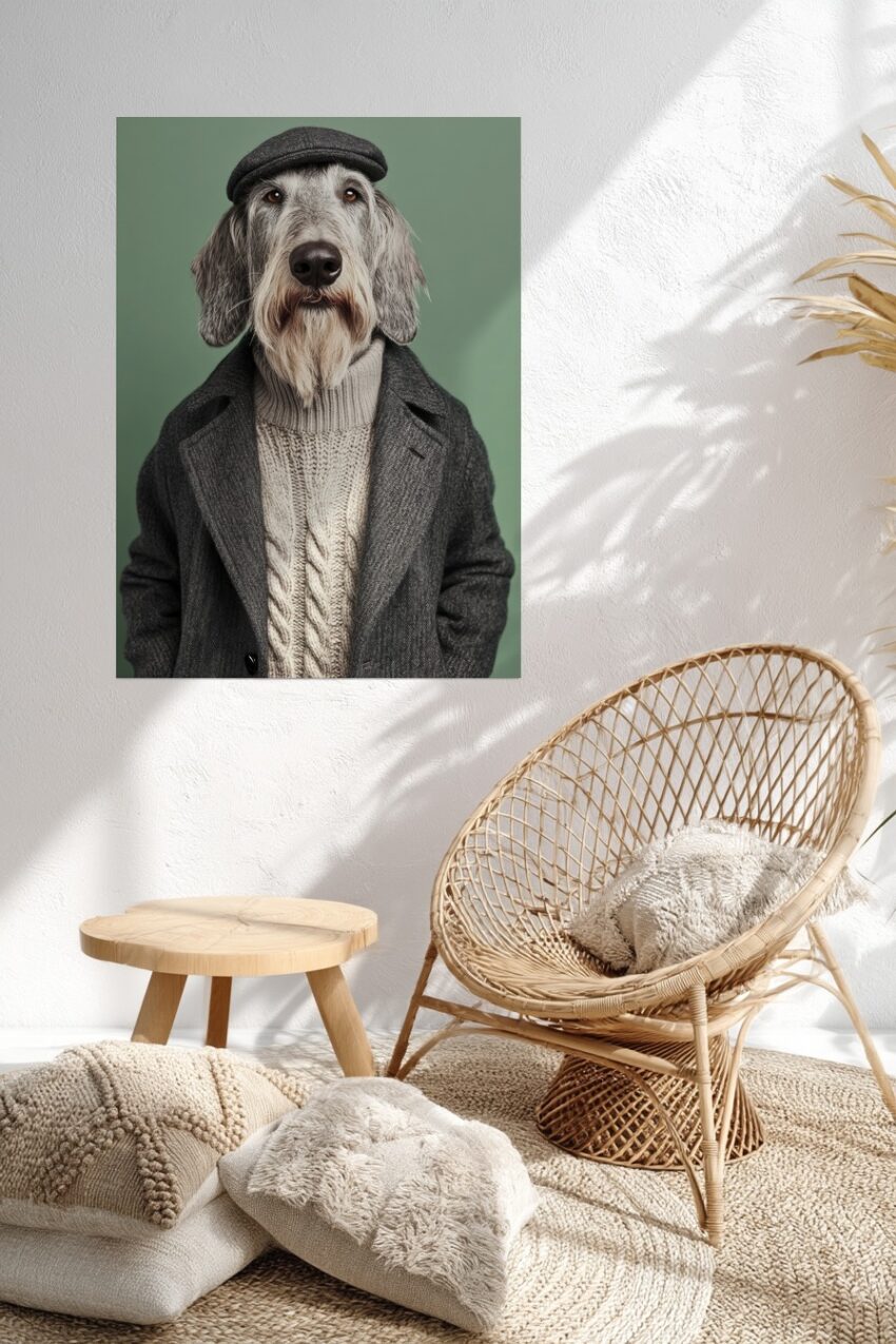 Fotografie Poster Hund mit Mütze und Mantel frontal grau