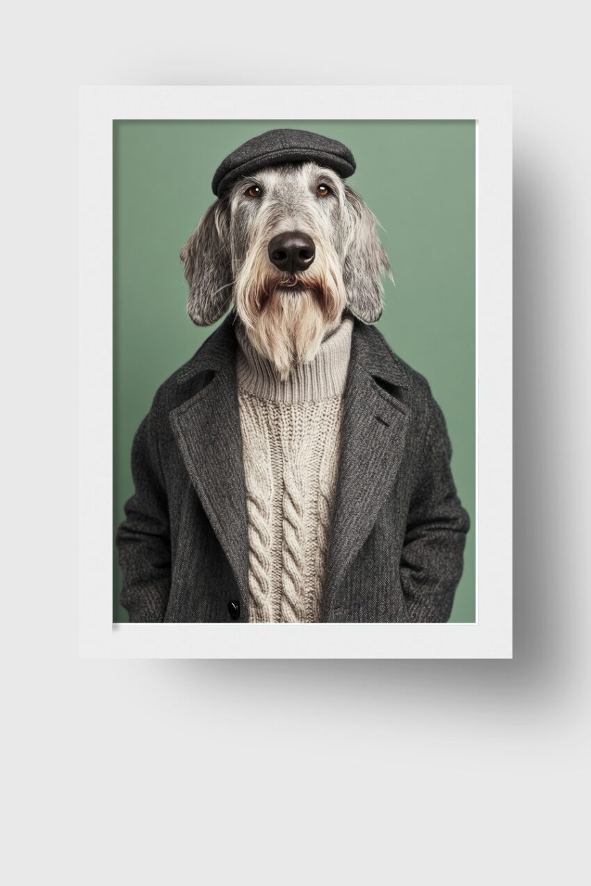 Fotografie Poster Hund mit Mütze und Mantel frontal grau