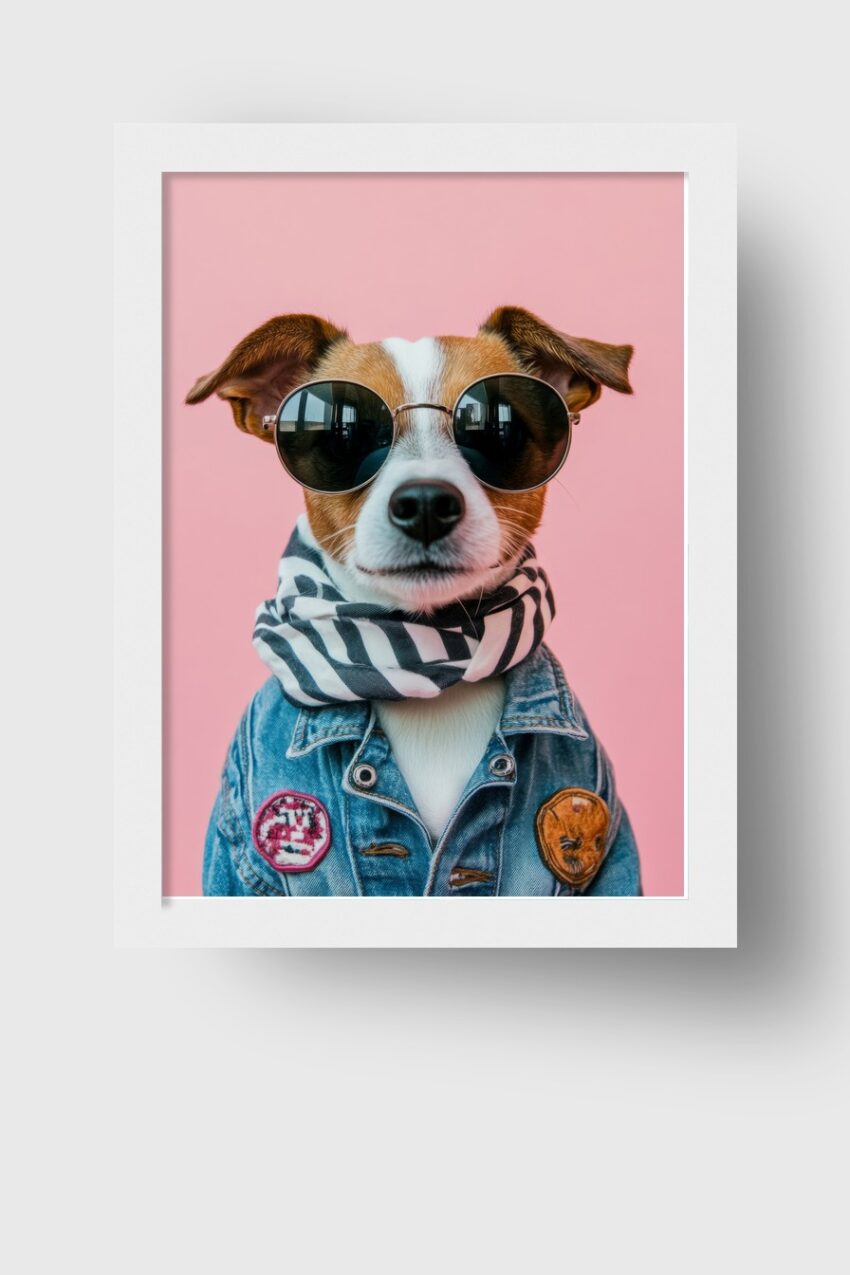 Fotografie Poster Jack russell Hund mit Sonnenbrille Jeansjacke