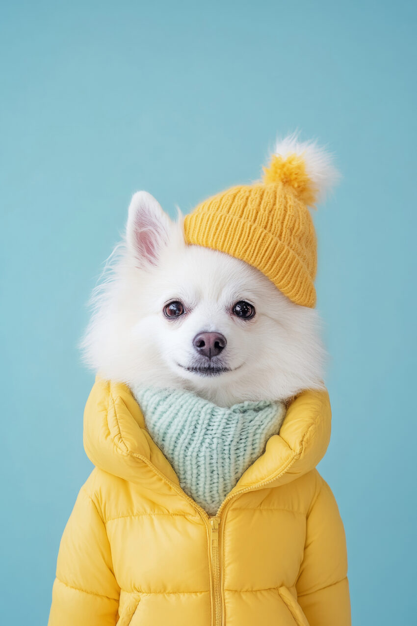 Fotografie Poster Hund Mode gelber Mantel strickmütze