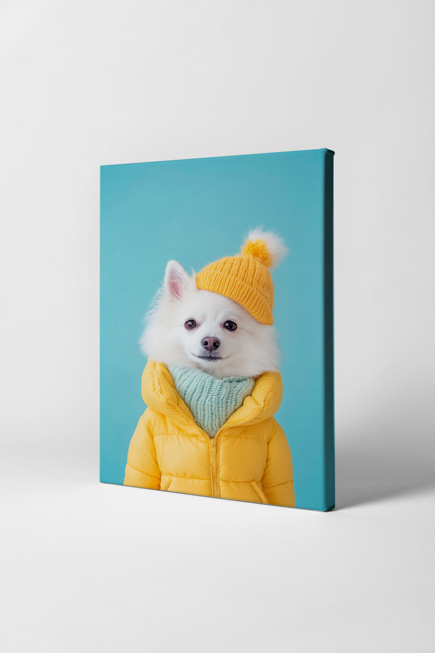 Fotografie Poster Hund Mode gelber Mantel strickmütze