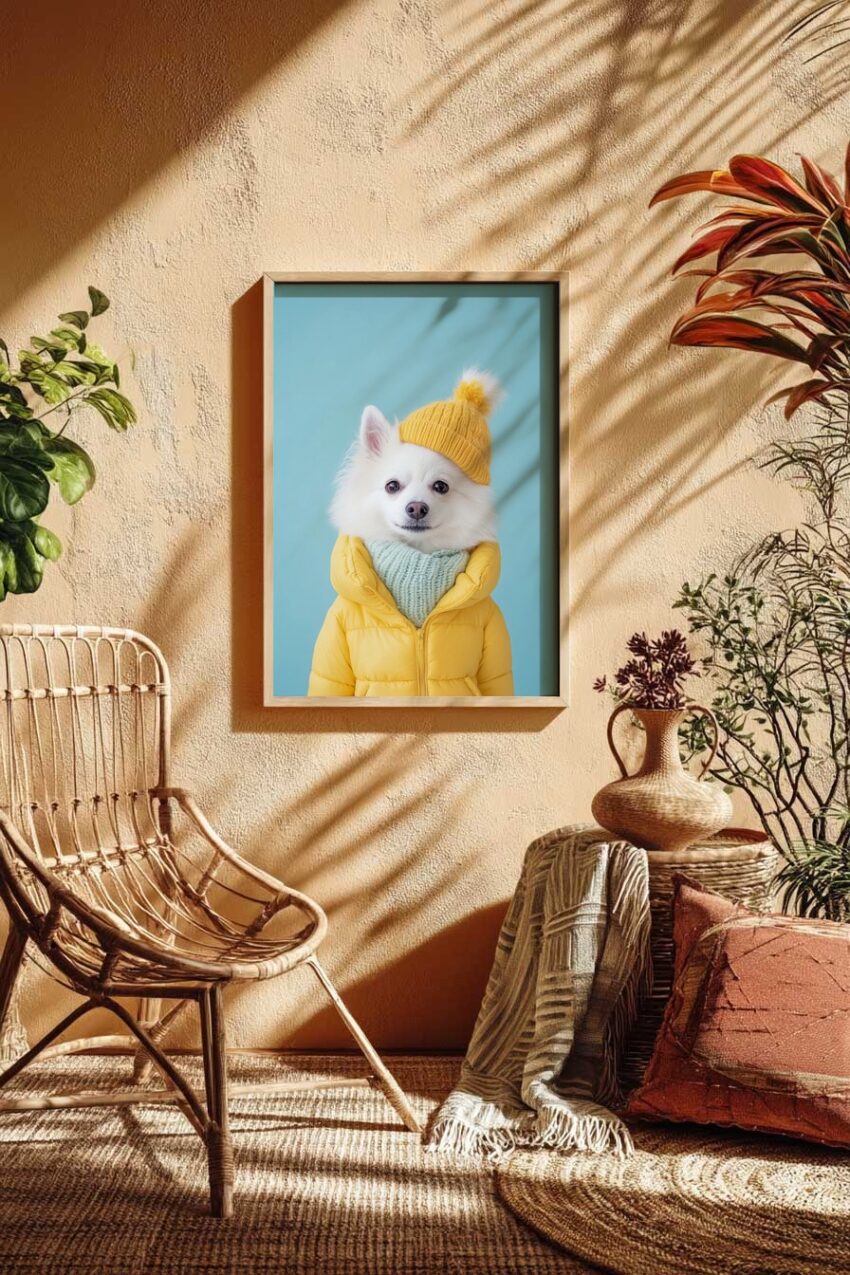 Fotografie Poster Hund Mode gelber Mantel strickmütze