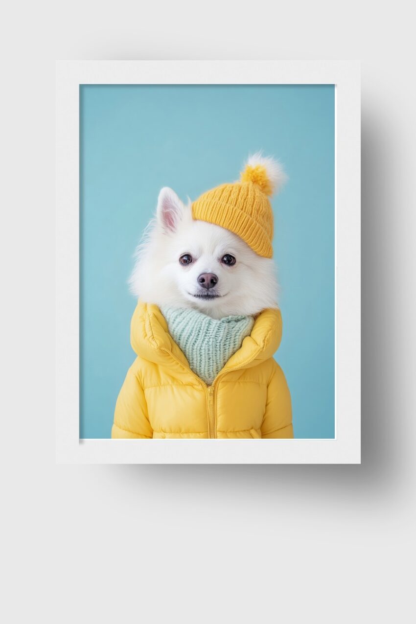 Fotografie Poster Hund Mode gelber Mantel strickmütze