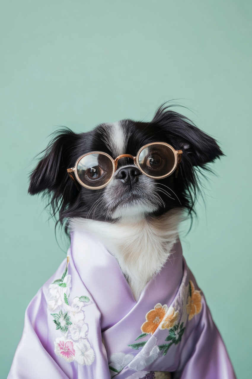Fotografie Poster Hund Brille Kimono zart flieder