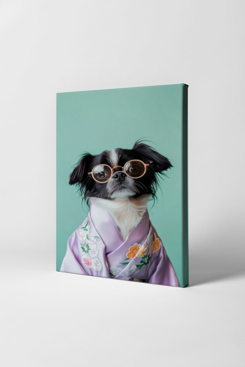 Fotografie Poster Hund Brille Kimono zart flieder