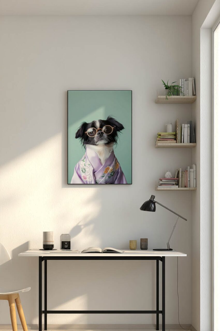 Fotografie Poster Hund Brille Kimono zart flieder