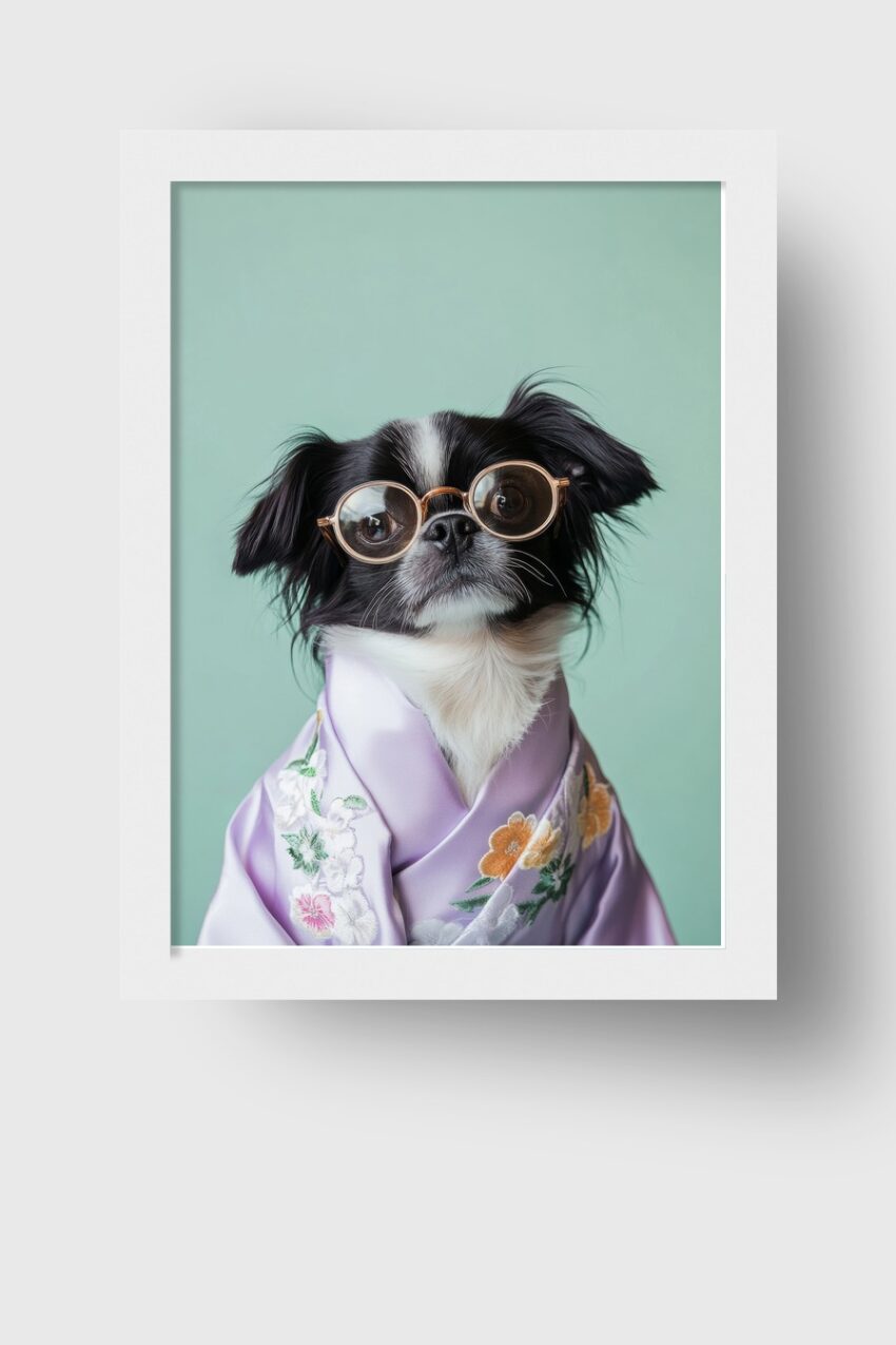 Fotografie Poster Hund Brille Kimono zart flieder