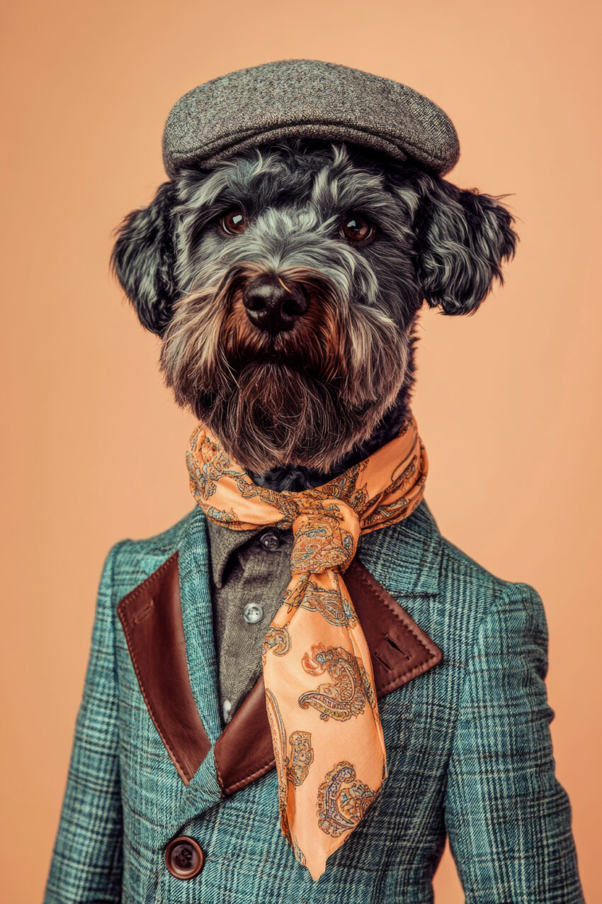 Fotografie Poster Hund elegant Anzug Paisley Seidenschal