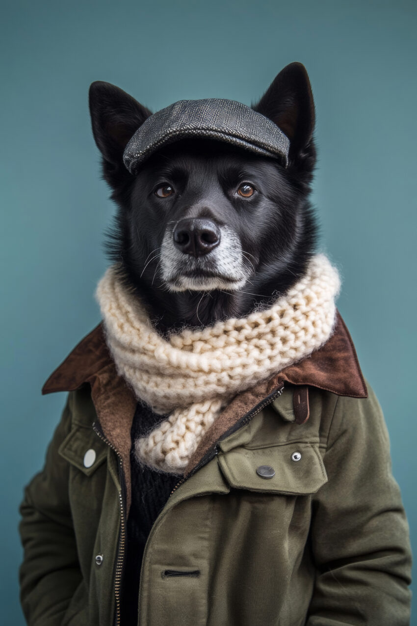 Fotografie Poster Hund Schirmmütze Jacke frontal