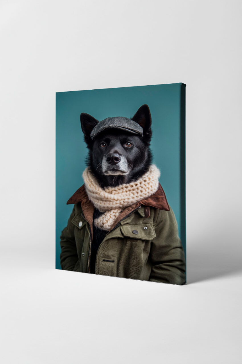 Fotografie Poster Hund Schirmmütze Jacke frontal