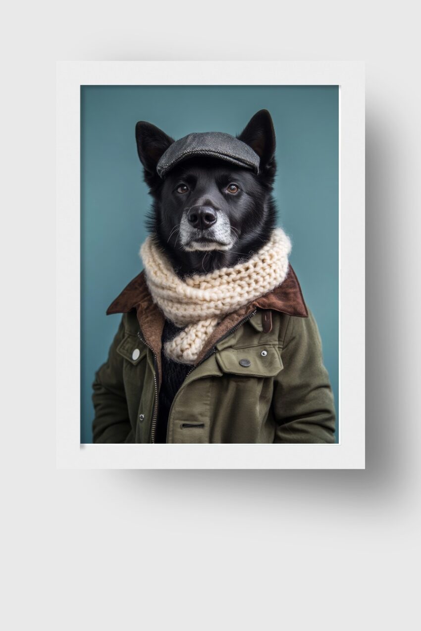 Fotografie Poster Hund Schirmmütze Jacke frontal