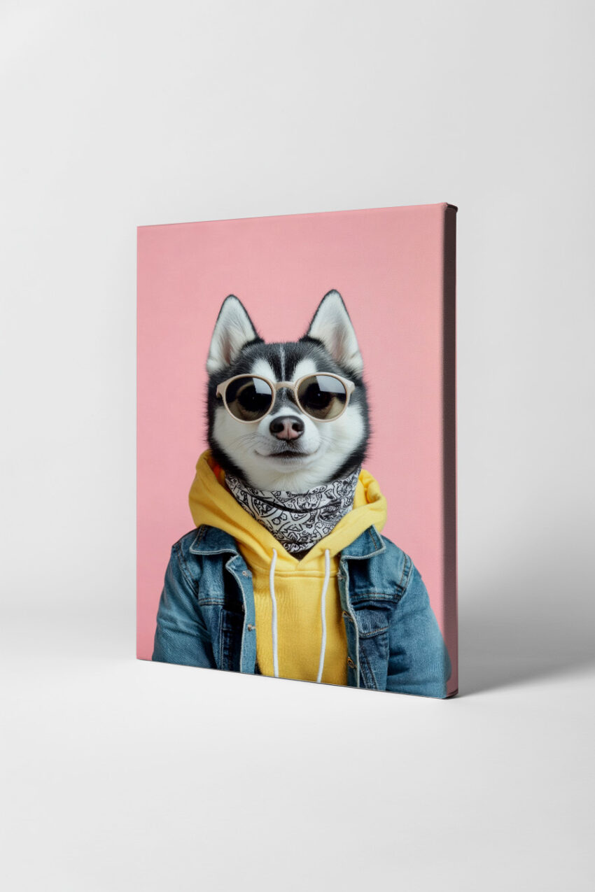 Fotografie Poster Husky Sonnenbrille gelb blau