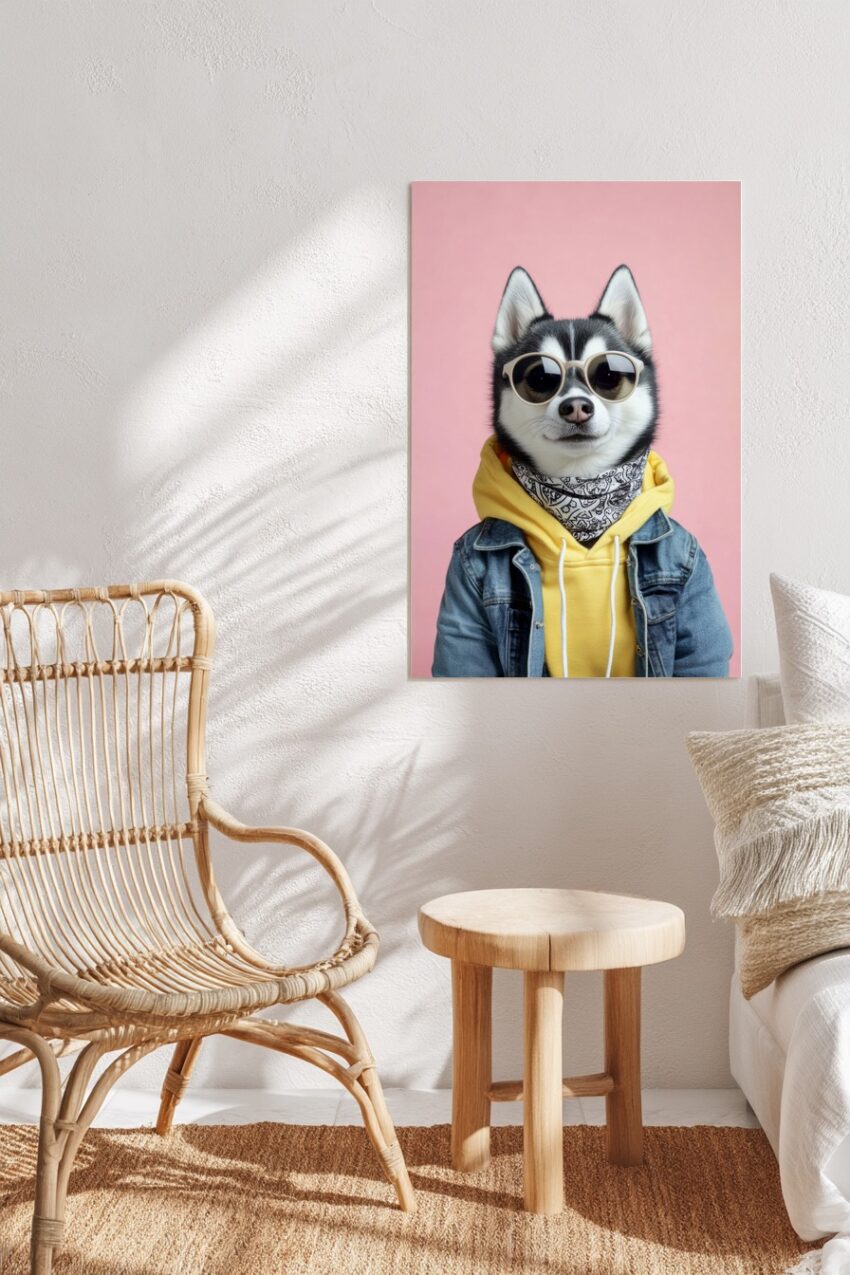 Fotografie Poster Husky Sonnenbrille gelb blau