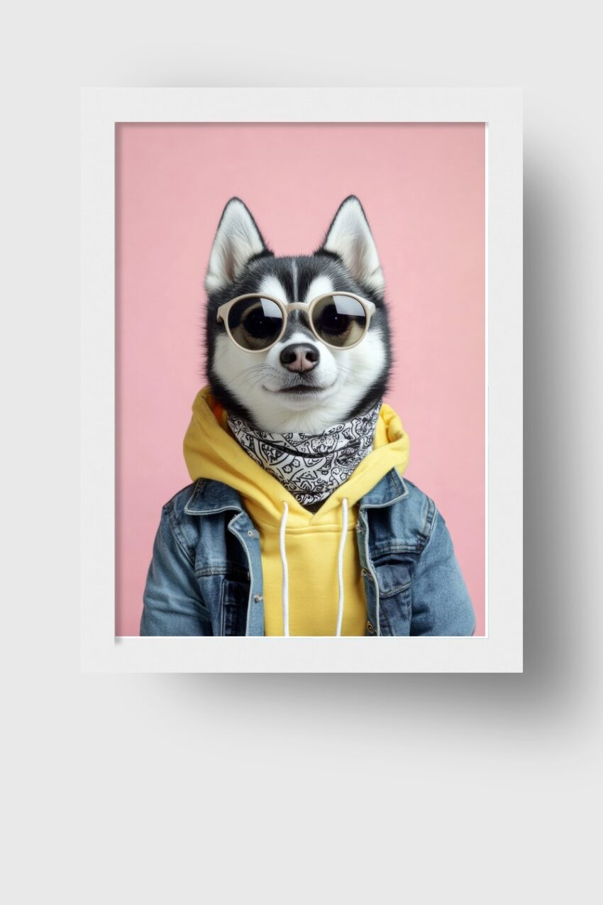 Fotografie Poster Husky Sonnenbrille gelb blau