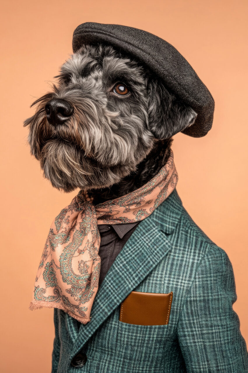 Fotografie Poster Hund Porträt Hut Schal Orange