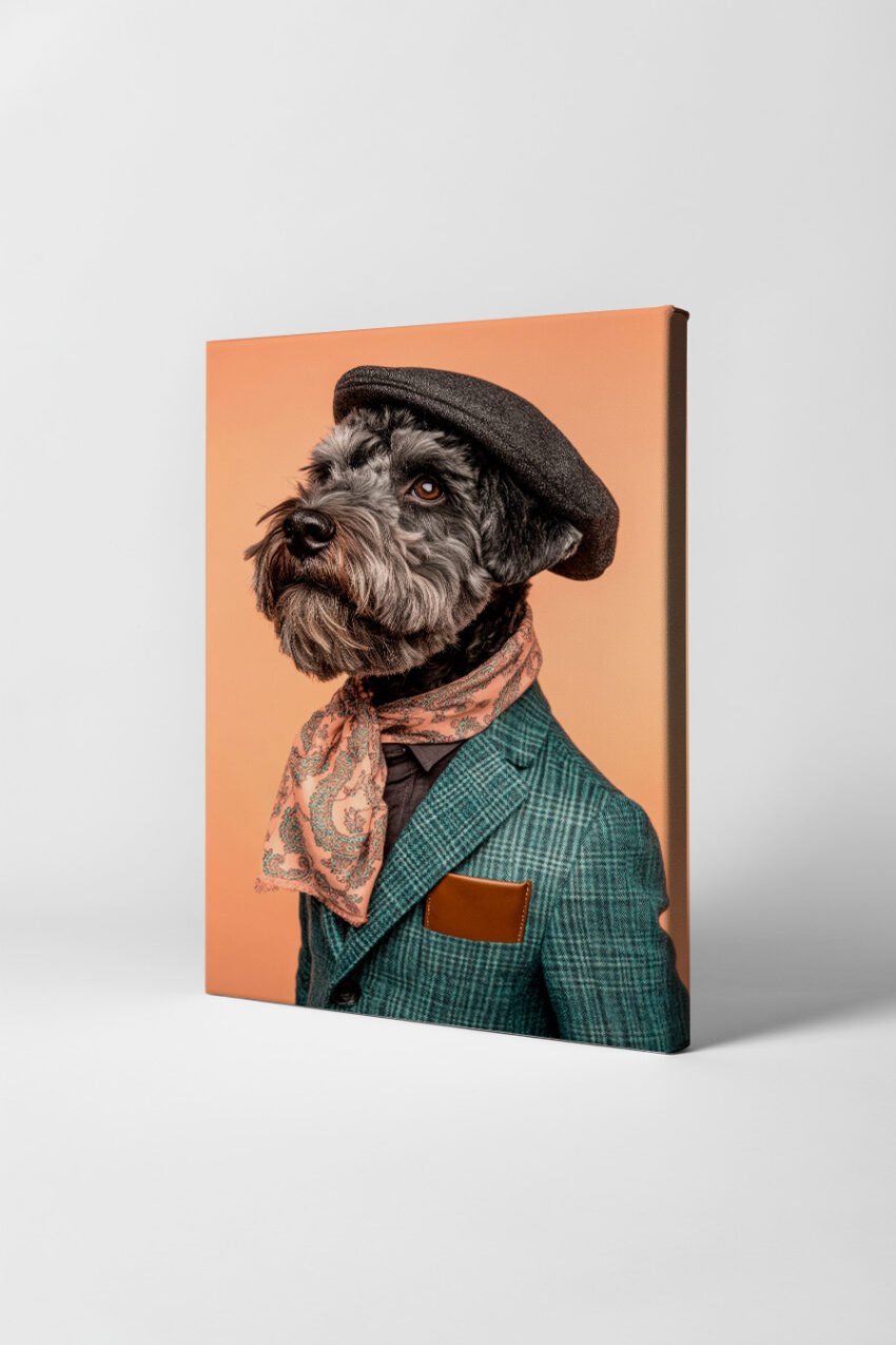 Fotografie Poster Hund Porträt Hut Schal Orange