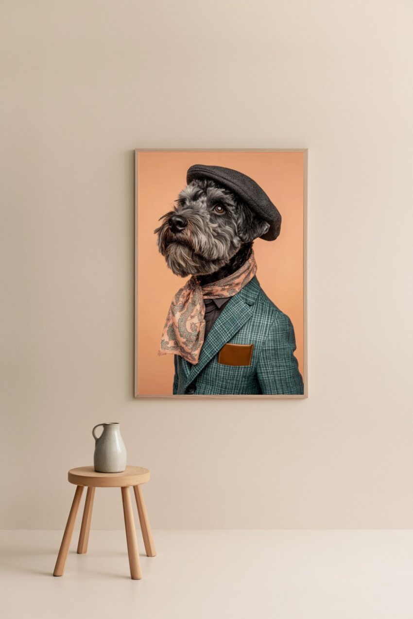 Fotografie Poster Hund Porträt Hut Schal Orange