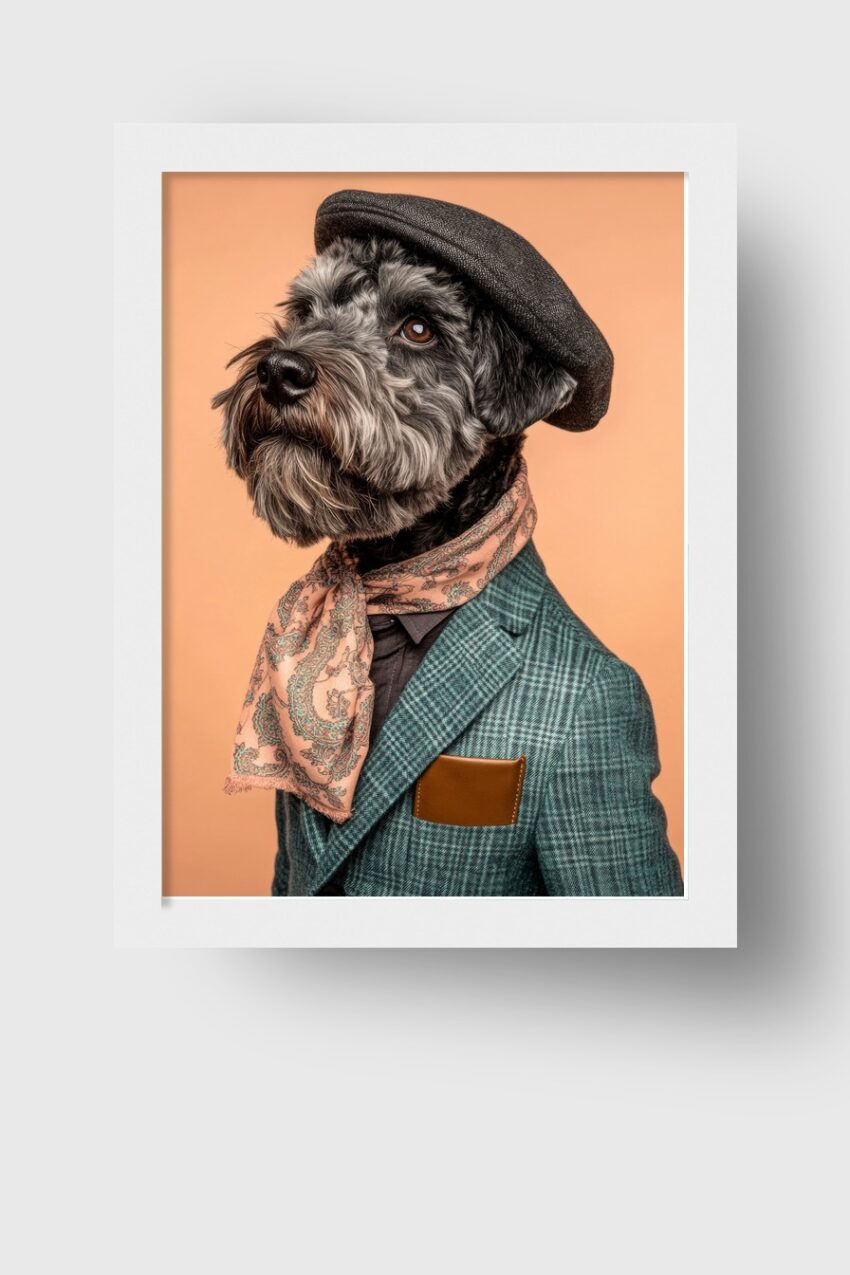 Fotografie Poster Hund Porträt Hut Schal Orange