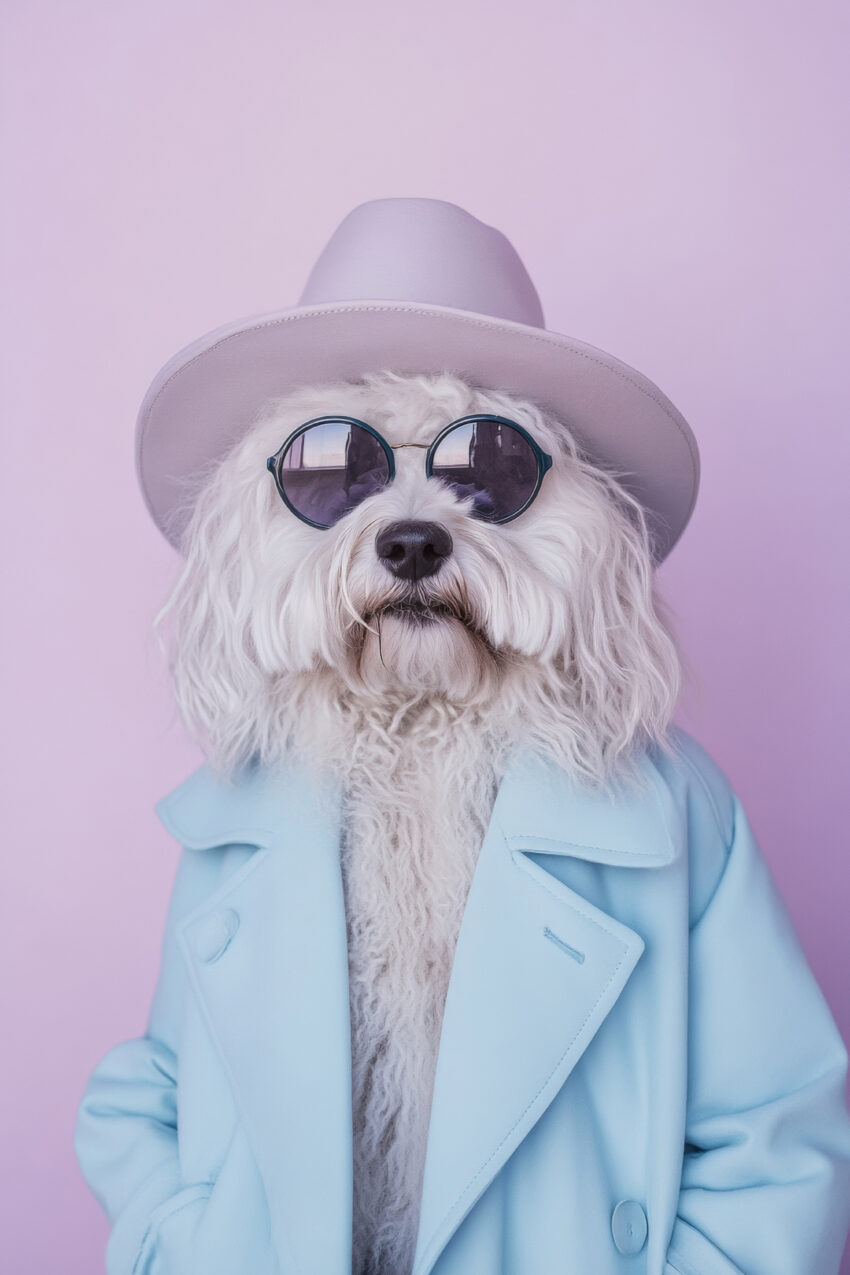 Fotografie Poster Hund Sonnenbrille Hut Mantel weiß