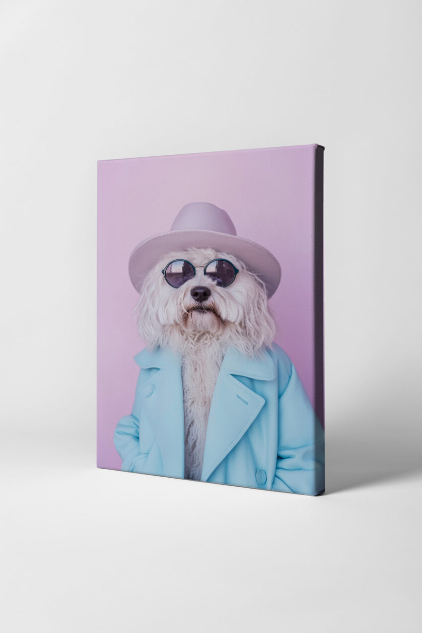 Fotografie Poster Hund Sonnenbrille Hut Mantel weiß