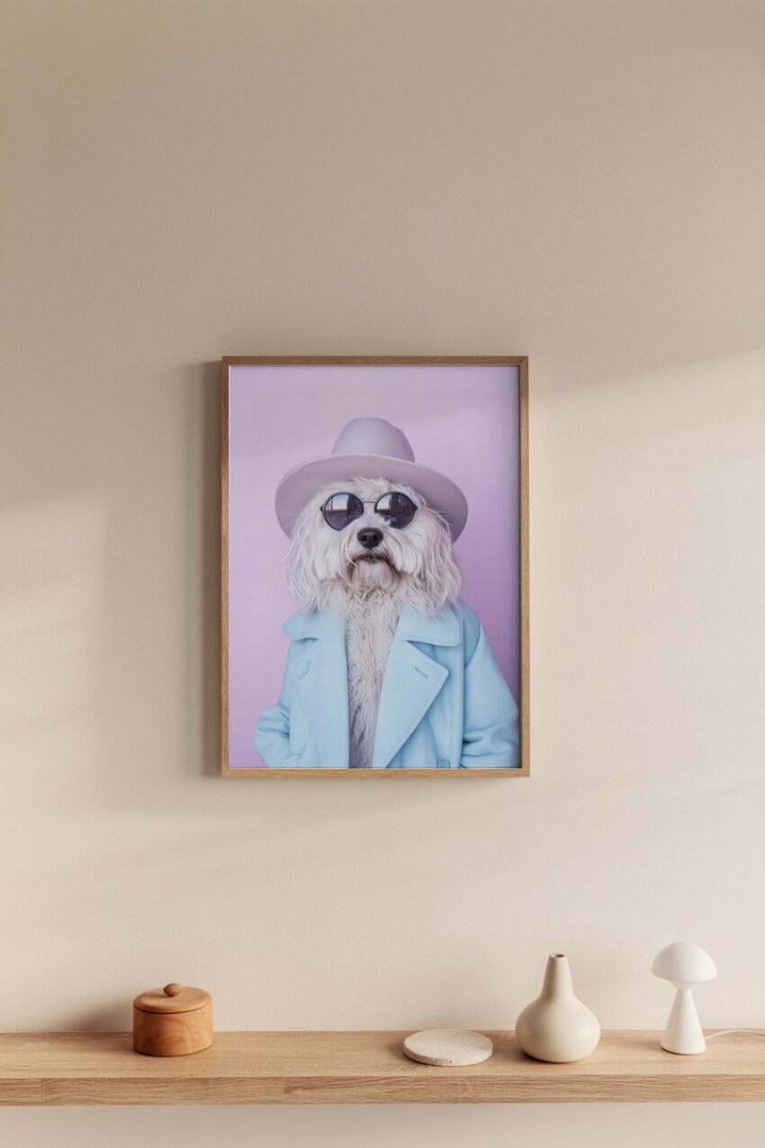 Fotografie Poster Hund Sonnenbrille Hut Mantel weiß