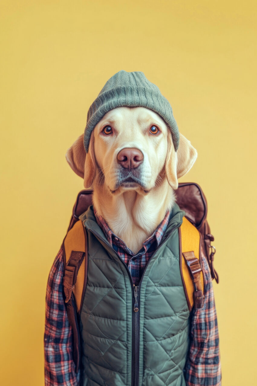 Fotografie Poster Labrador mit Mütze gelb minimal
