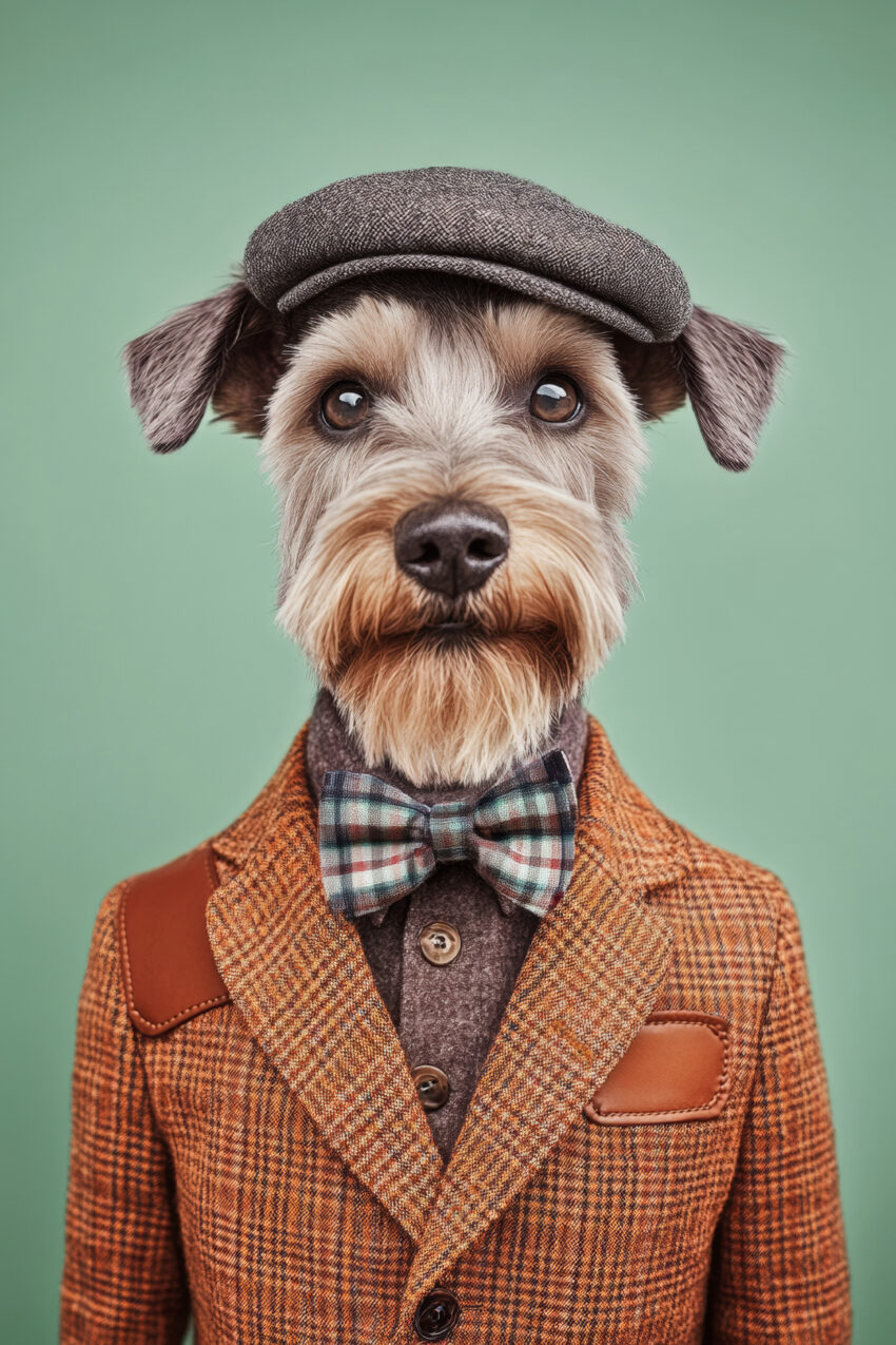 Fotografie Poster Hund Modeaccessoires Fliege Schiebermütze