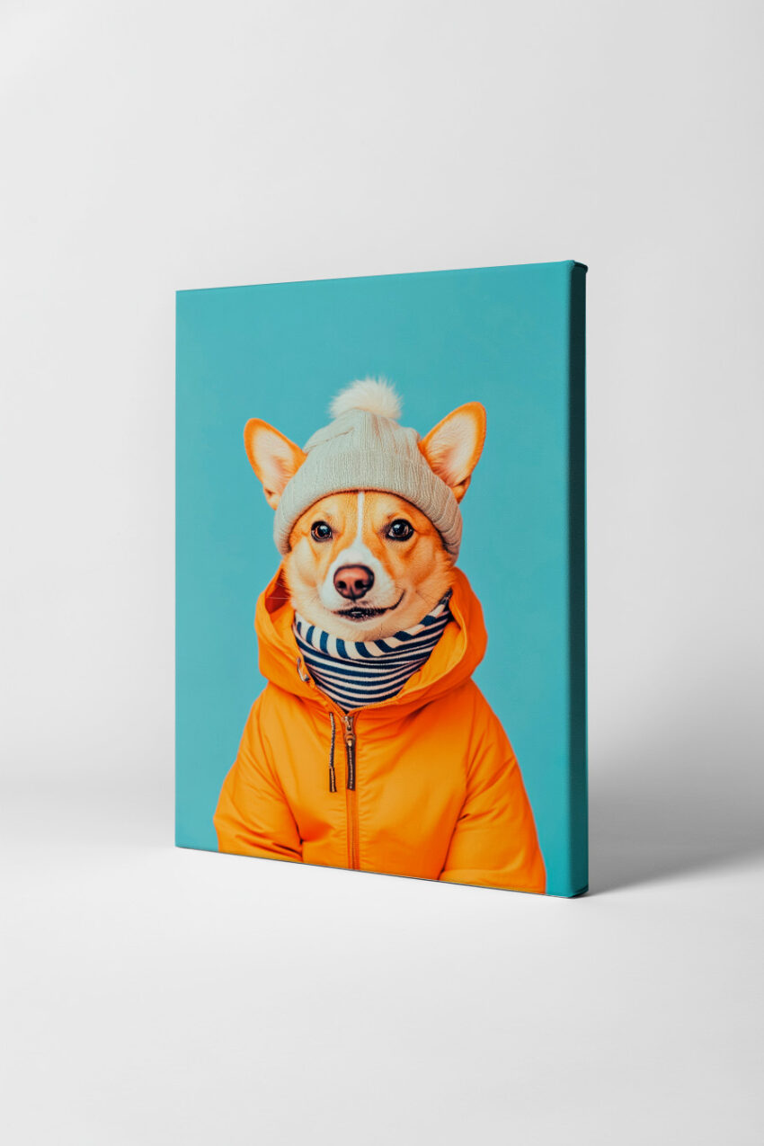 Fotografie Poster Hund Mütze orange Jacke