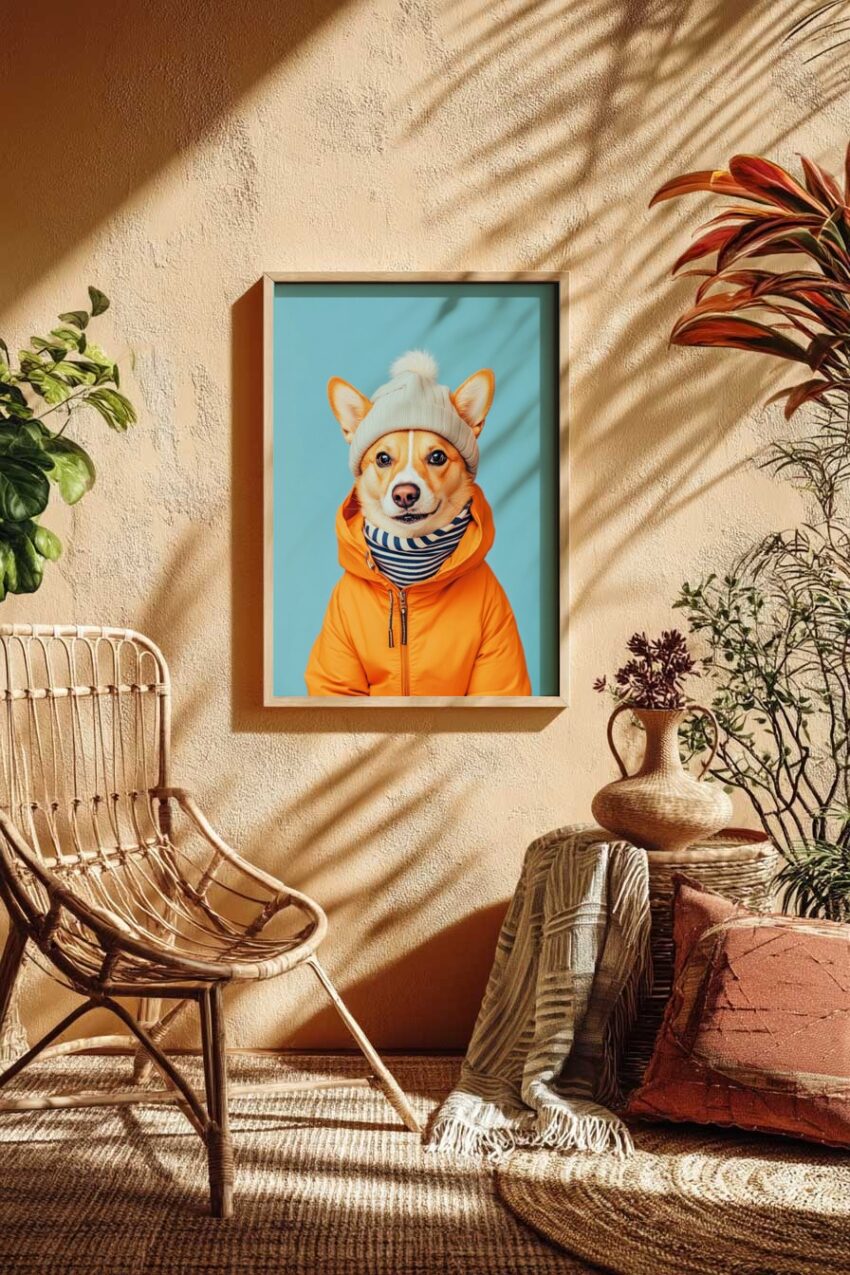 Fotografie Poster Hund Mütze orange Jacke