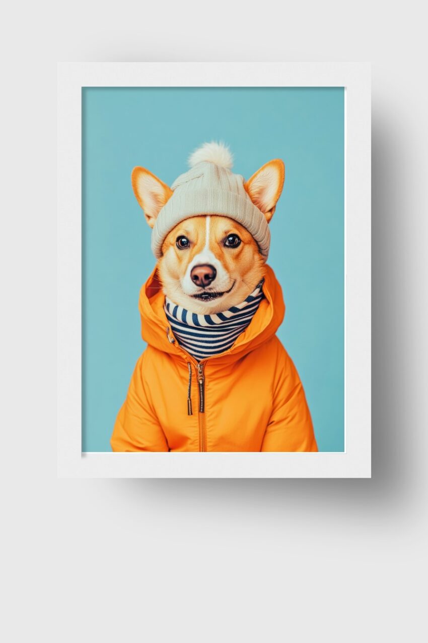 Fotografie Poster Hund Mütze orange Jacke