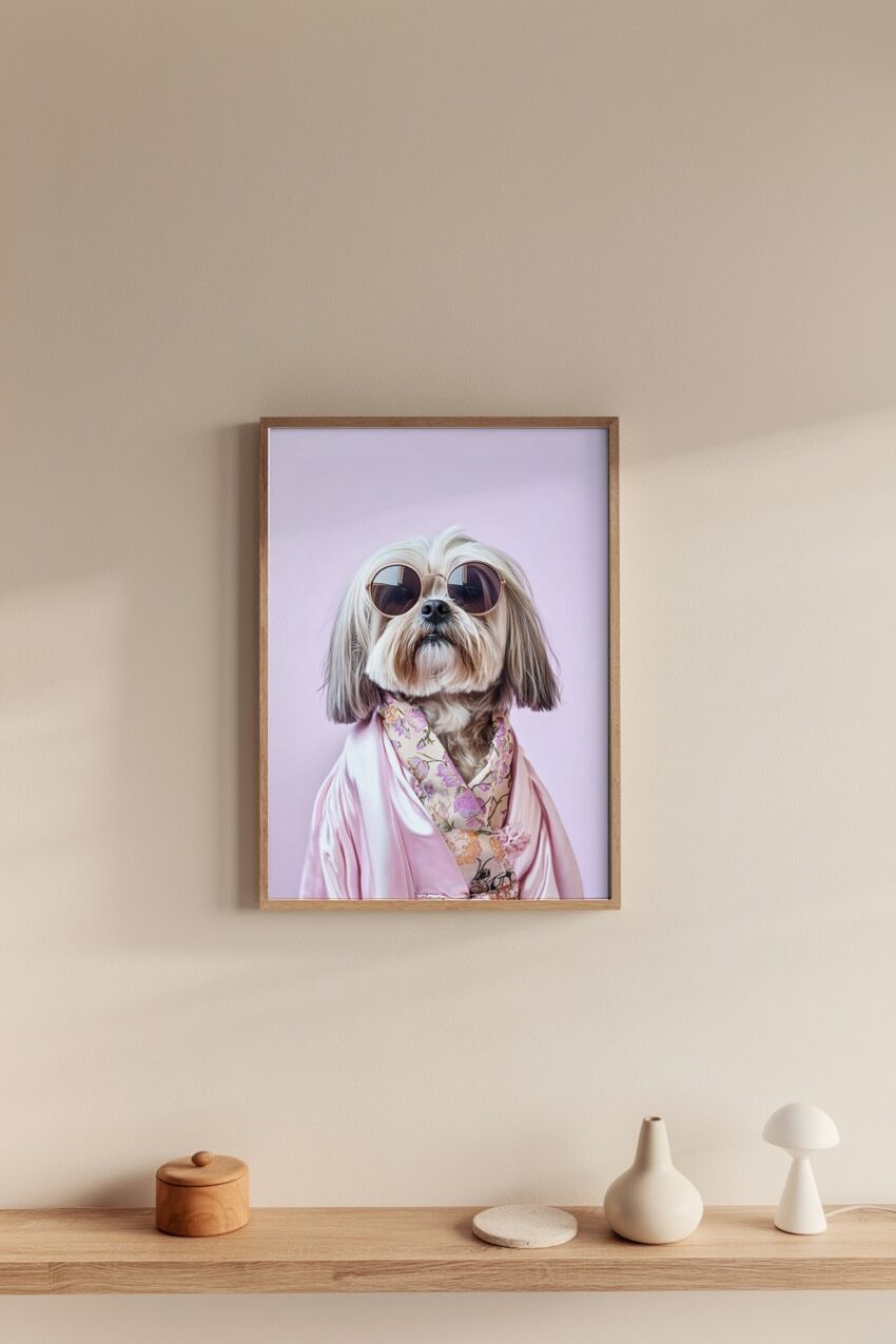 Fotografie Poster Hund Sonnenbrille florales Muster rosa