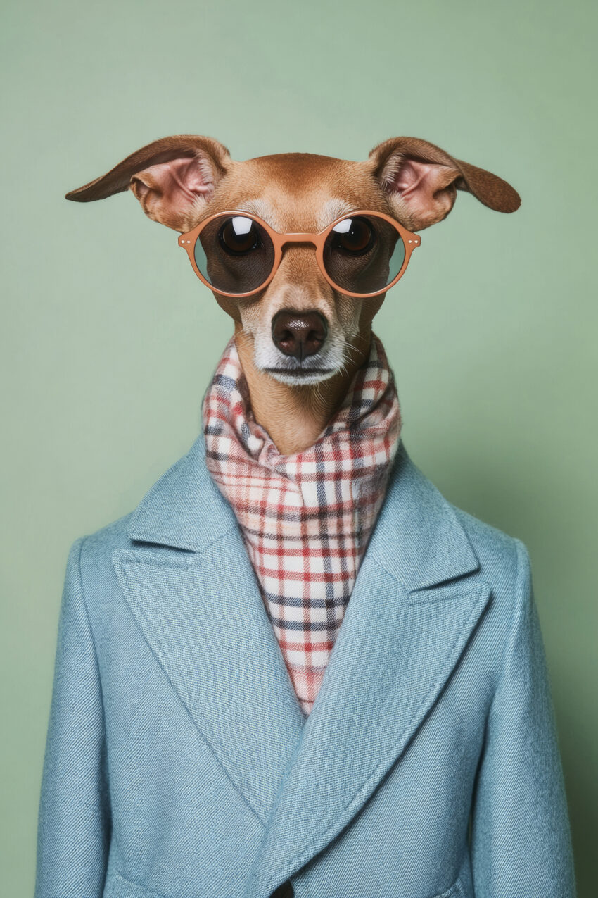 Fotografie Poster Windhund Hund mit Brille blau grün
