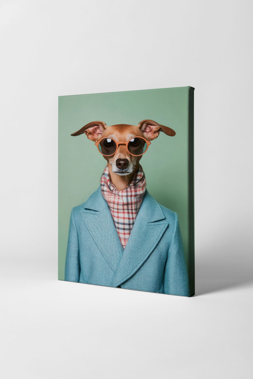 Fotografie Poster Windhund Hund mit Brille blau grün