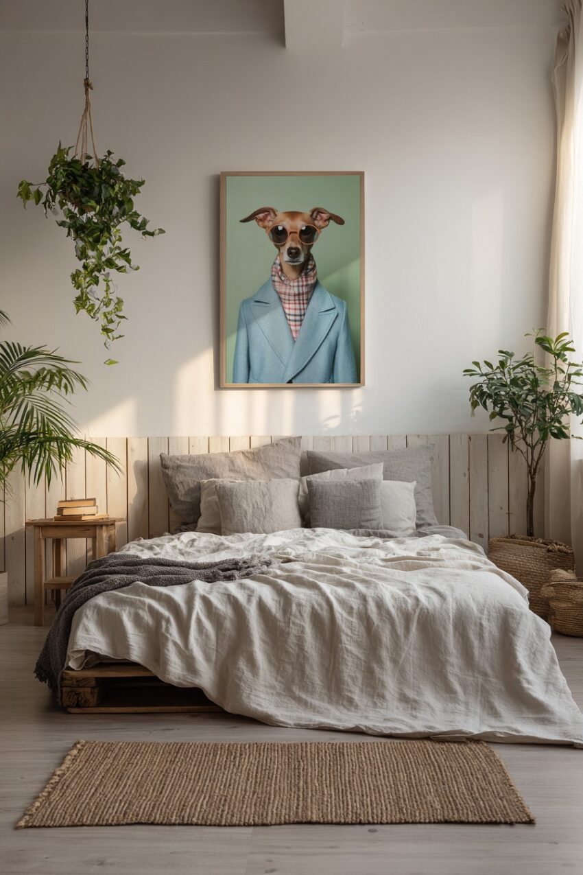 Fotografie Poster Windhund Hund mit Brille blau grün