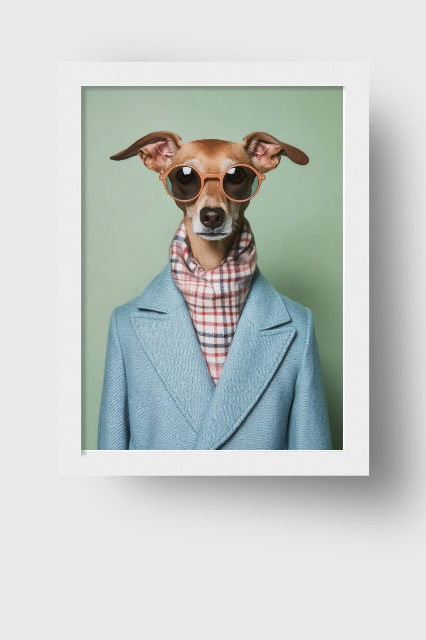 Fotografie Poster Windhund Hund mit Brille blau grün