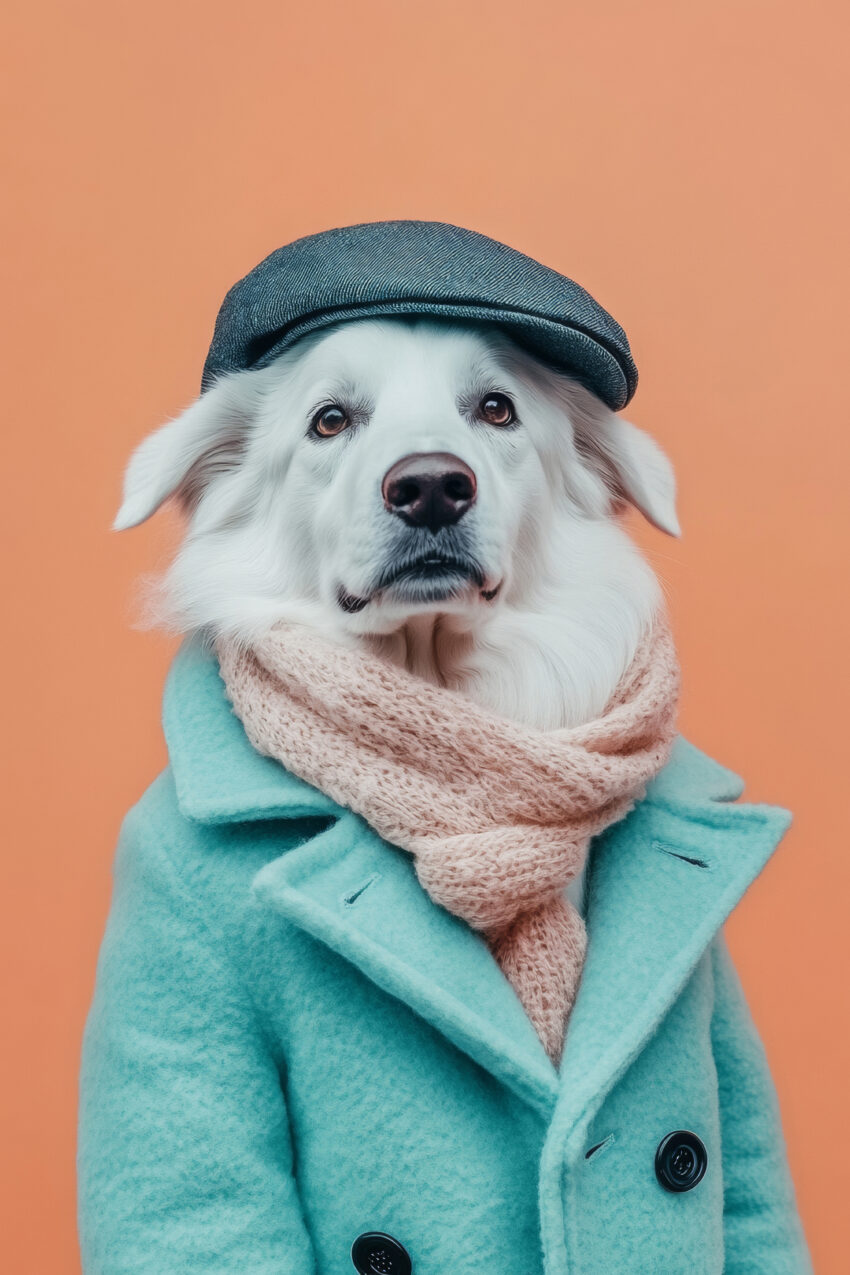 Fotografie Poster Hund Modeportrait weiß Mantel Schal