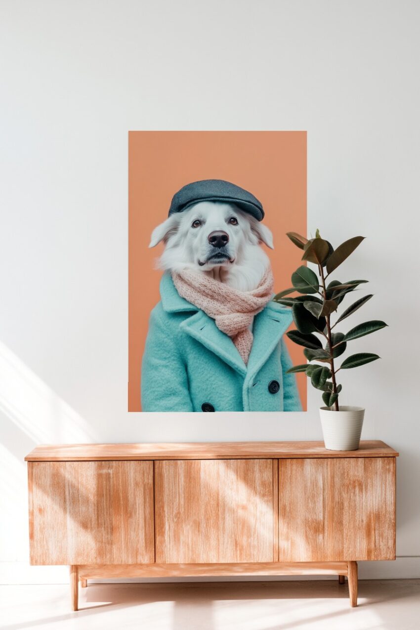 Fotografie Poster Hund Modeportrait weiß Mantel Schal