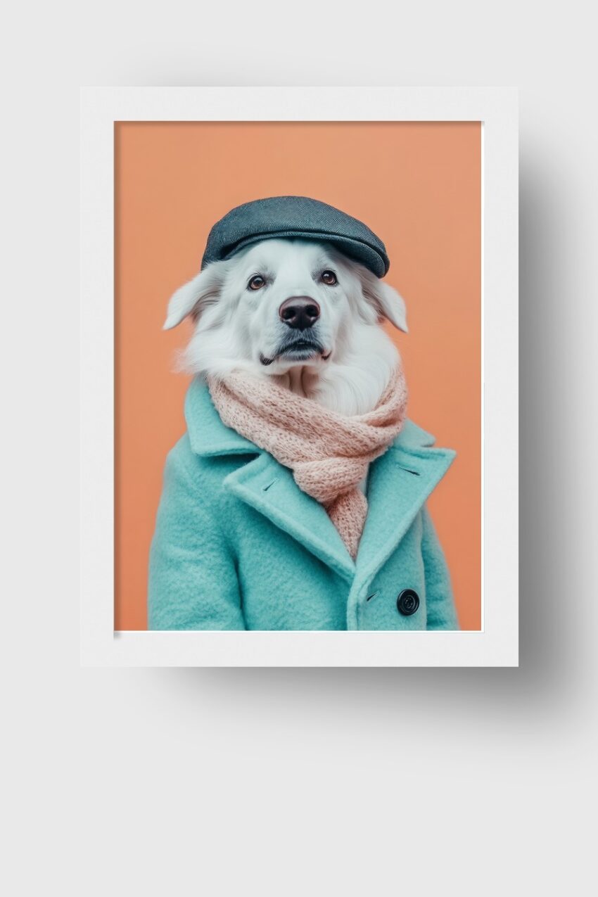 Fotografie Poster Hund Modeportrait weiß Mantel Schal