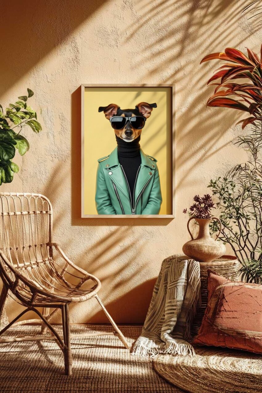 Fotografie Poster Hund Sonnenbrille grün gelb Hintergrund