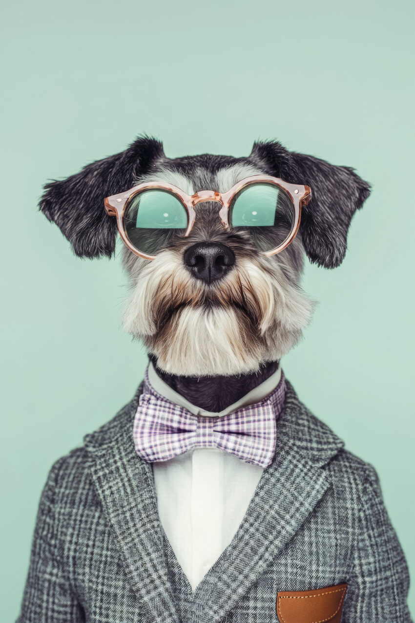 Fotografie Poster Hund mit Brille Fliege grau grün