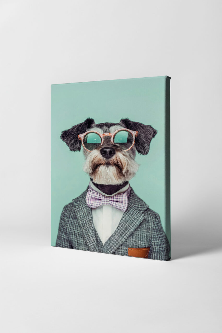 Fotografie Poster Hund mit Brille Fliege grau grün