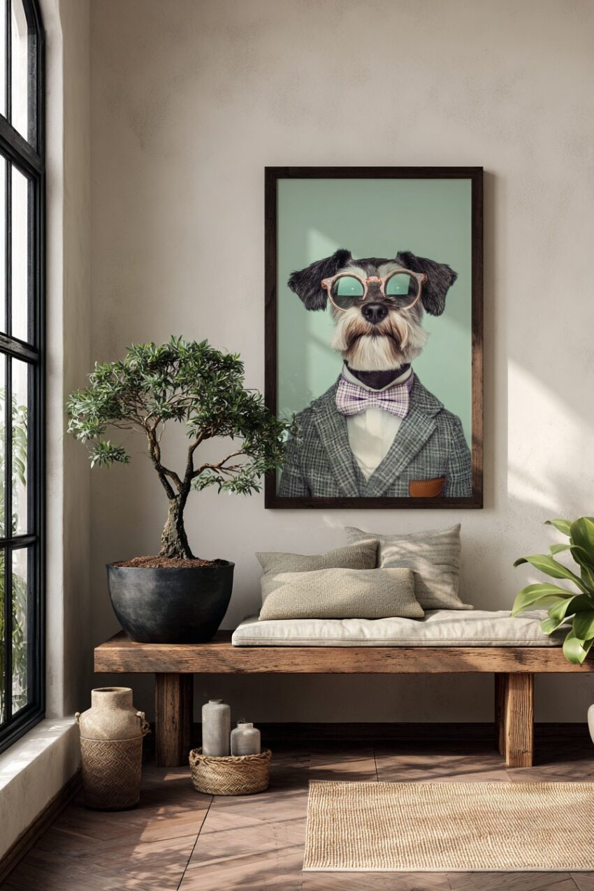 Fotografie Poster Hund mit Brille Fliege grau grün