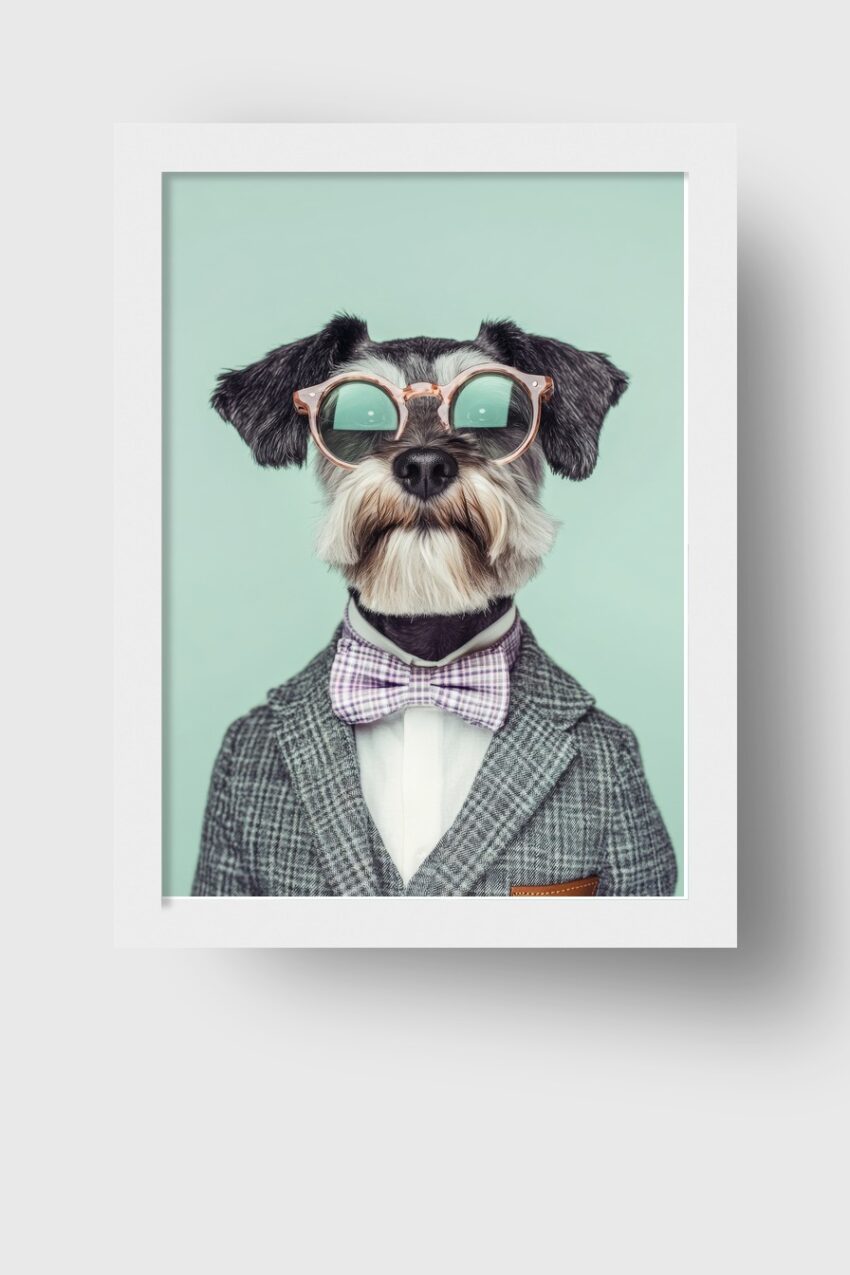 Fotografie Poster Hund mit Brille Fliege grau grün